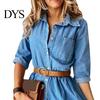 Vestito in Denim Manica a Tre Quarti Collo a Revers Estivo Bottoni Volant per Lavoro Monocolore