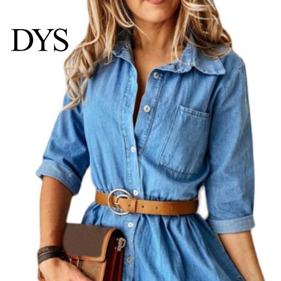 Vestito in Denim Manica a Tre Quarti Collo a Revers Estivo Bottoni Volant per Lavoro Monocolore