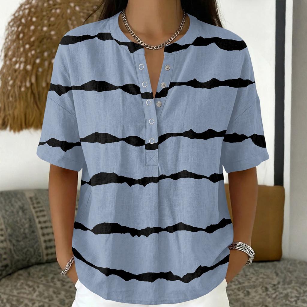 Women's Fashion V Neck Pullover Shirt Short Sleeve Casual Blouse Lightweight Loose Fit Top with Button Detail and Horizontal Stripe Pattern