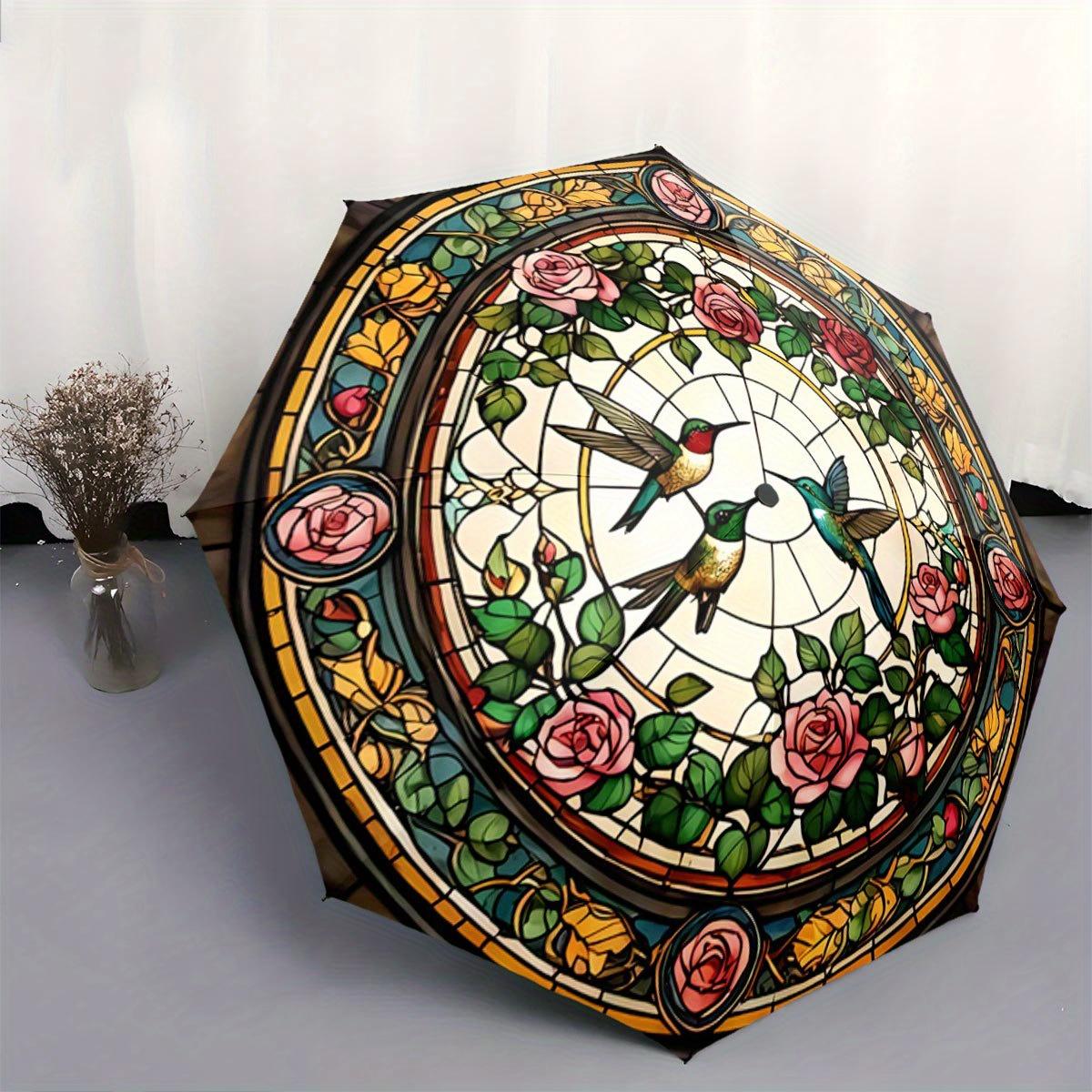 Automatic Open/Close Umbrella with Stained Glass Floral & Hummingbirds Design - Folding Umbrella, Compact Travel Umbrella with