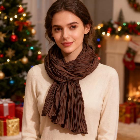 Women Pleated Scarf Thickened Weave Autumn Winter Scarf Solid Color Breathable Shawl Headscarf Outfit Accessories