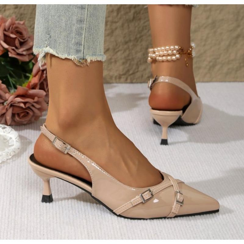 Fashion New Summer Women's Dress Shoes Patent Leather Slip On Pointed Toe Sandals Buckle Slingbacks Mid Heels Pumps Sandalias Mujer
