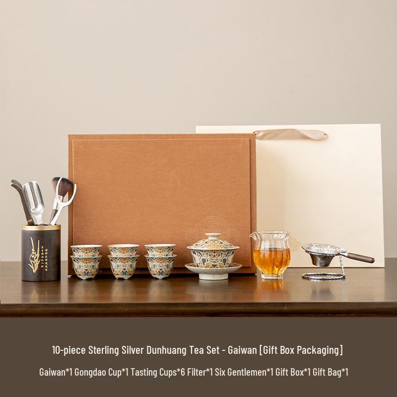 Dunhuang Silver-Inlaid High-End Retro Kung Fu Tea Set: Light Luxury Chinese-Style Tea Brewing and Drinking Gift Box