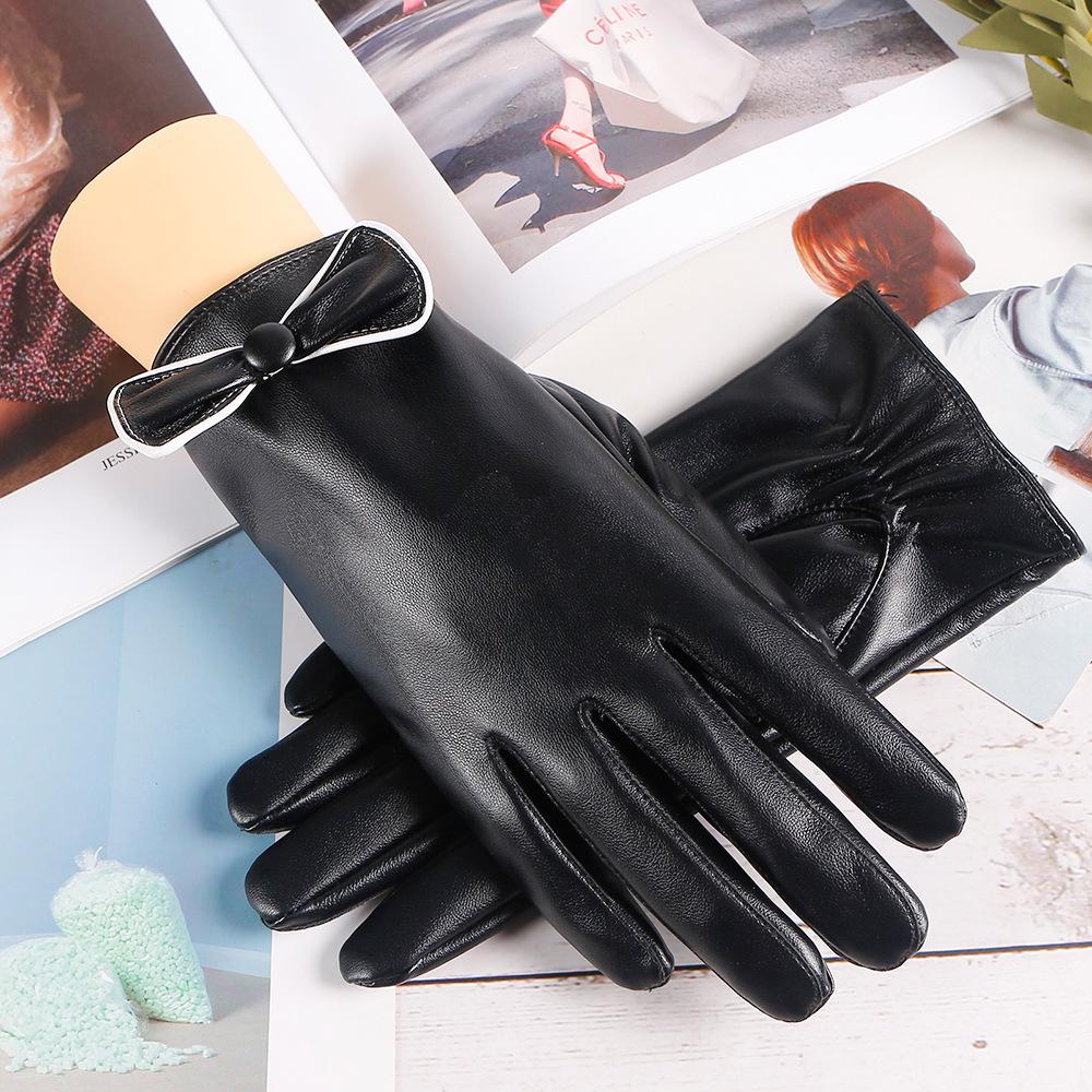 Winter Warm Gloves for Women's Bow Plus Velvet Thickened Water Washed Leather Touch Screen Windproof Cold Waterproof PU Leather Gloves