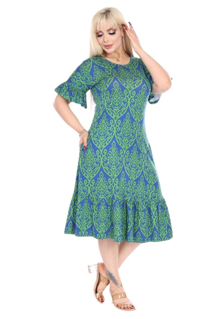 Women's Big Size Dress Plus Size Short Sleeve Green Skirt Ruffle Kilim Pattern Midi Dress