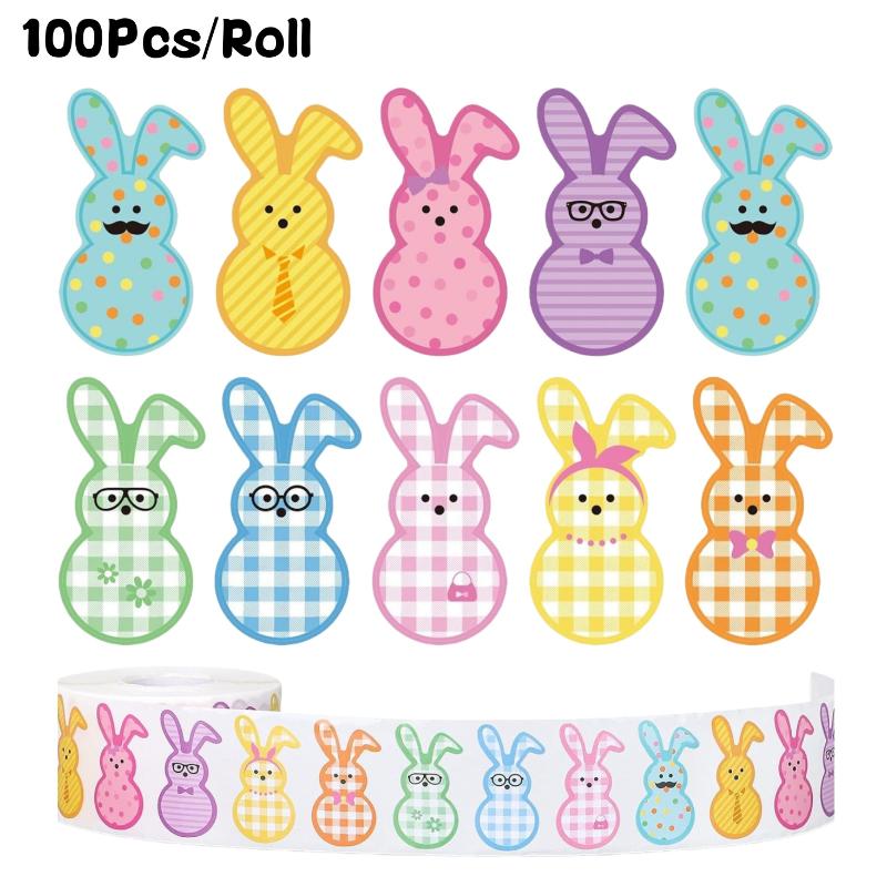 100-500 Stück Osterhasen-Stickerrolle Niedliche bunte Kaninchen-Papieraufkleber 9 Designs Muster Geschenkverpackung Verschlussaufkleber