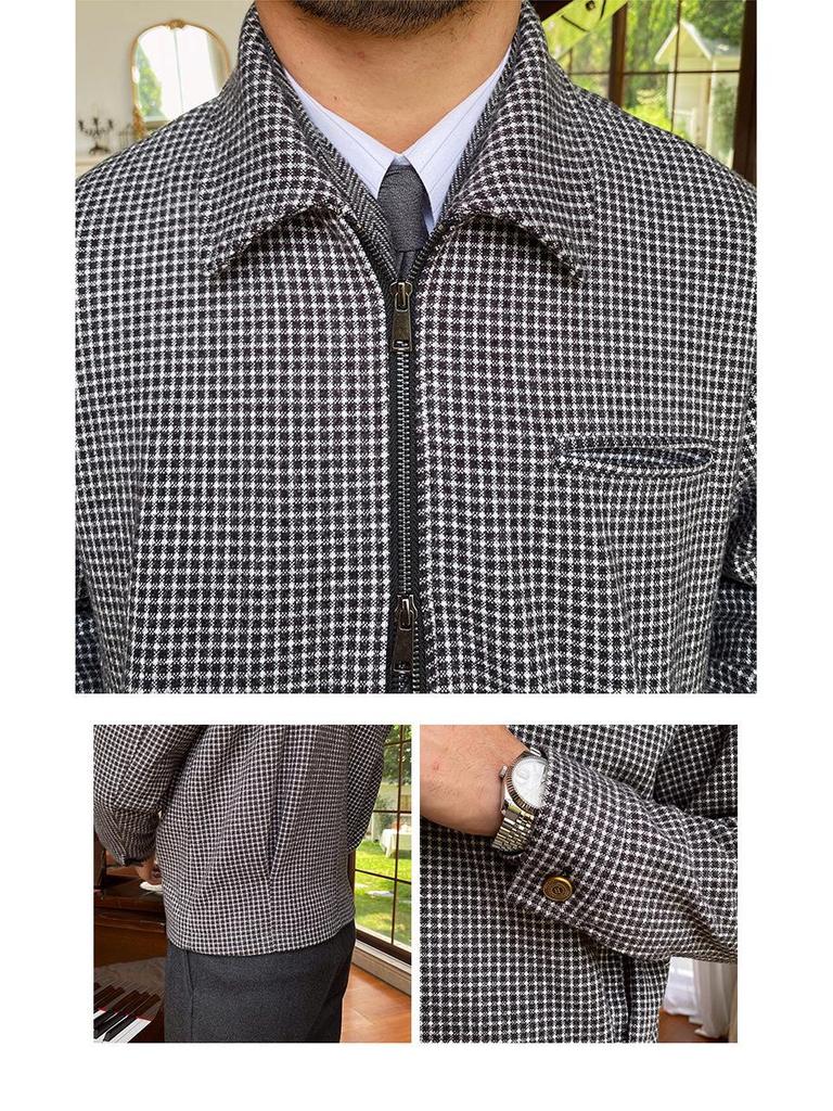 Men's Retro Houndstooth Zipper Jacket - Autumn/Winter Casual Waist-Cinching Lapel Design