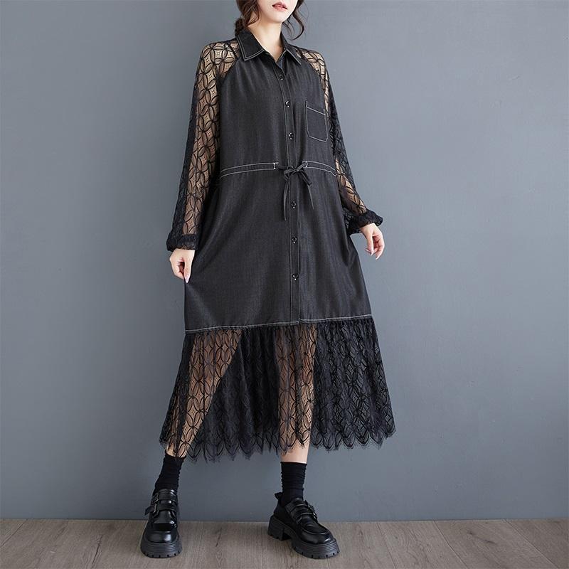 Langarm Plus Größe Vintage Spitze Patchwork neue Kleider für Frauen lässig locker Frühling Sommer Herbst Hemdkleid
