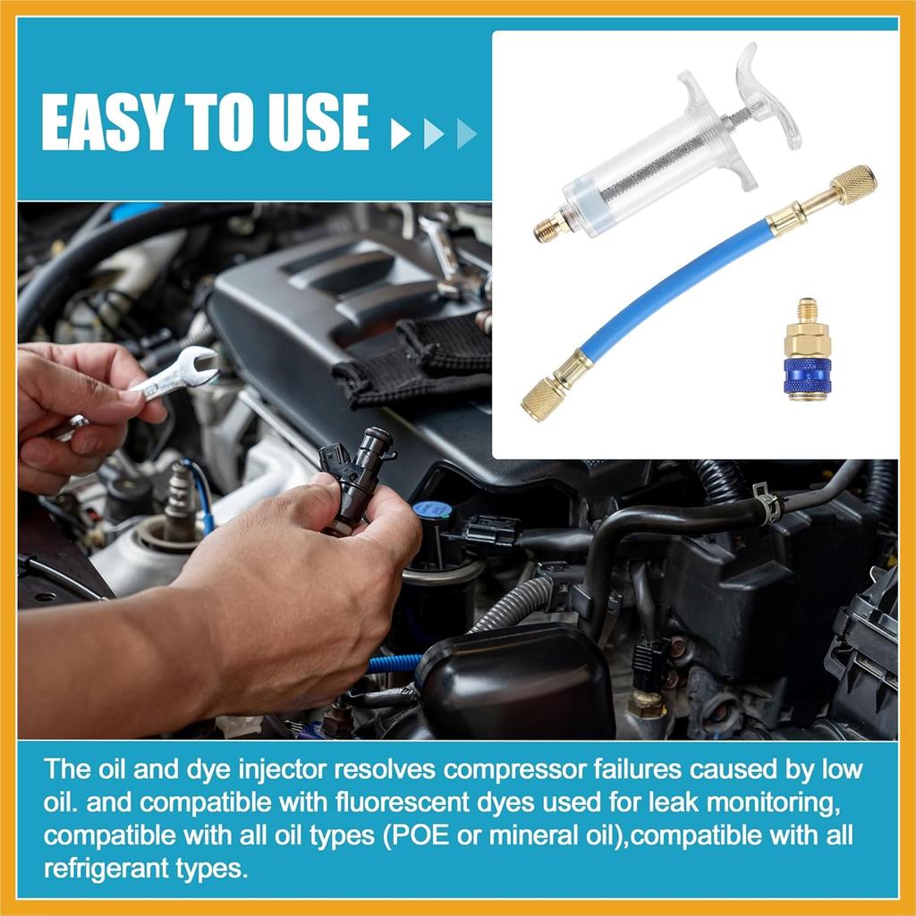 Oil and Dye Injectors Kit 30ml/1 Oz Hand Push Compressor Manual AC Oil Dye Injector with Quick Coupler 1/4 SAE Connector Car HVAC Compressor Oil Dye