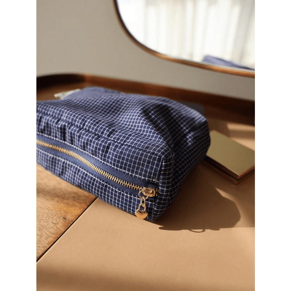 Japanese Style Plaid & Striped Fabric Multi-Functional Zipper Makeup Bag, Portable Travel Pouch School Supplies Travel Essentials Make Up Bag