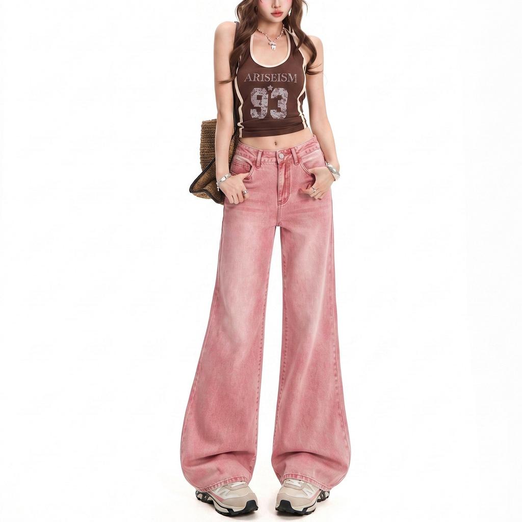 Summer new jeans women's micro-pull pants dumb pink medium and low waist dopamine color shows height and thinness
