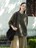 2025 Autumn Cotton Linen Women's Color Block Stand Collar Frog Button Pullover Plus Size Top