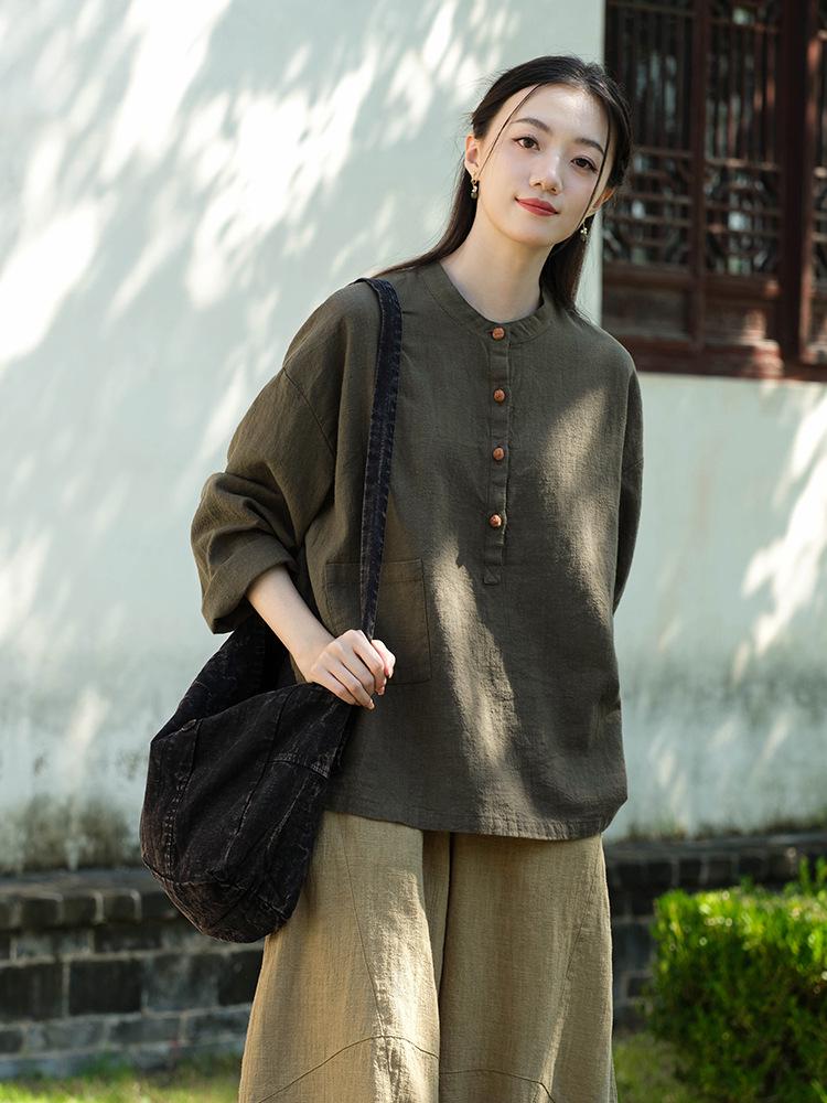 2025 Autumn Cotton Linen Women's Color Block Stand Collar Frog Button Pullover Plus Size Top