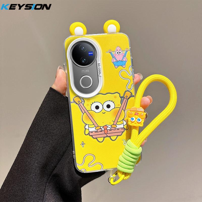 KEYSION Cute Ear Cartoon Case for VIVO V50 5G with Lanyard Soft Silicone+PC Shockproof Phone Back Cover for VIVO V50