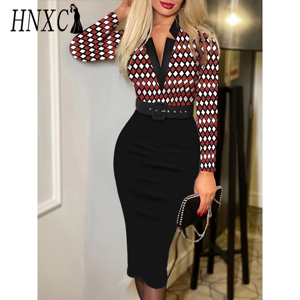 

HNXC Женская мода Весна Осень Длинный рукав V-образный вырез Завышенная талия Повседневные платья XXL