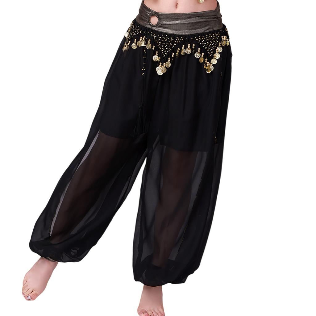 Costumes de Danse du Ventre Pantalons Lanterne à Monnaies pour Danse du Ventre Mousseline fendue Sequins Pantalons Sarouel pour Yoga Pantalons de Danse du Ventre