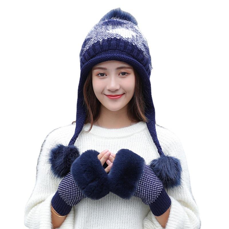 Hat Women's Winter Gloves Two-piece Set Versatile Fashion Knitted Hat Warm Ear Protection Cute Double Ball Wool Hat