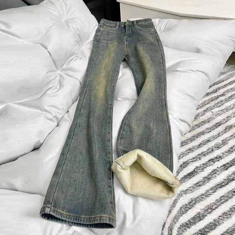 

2026 Retro Blue Velvet High-Waisted Slim Micro Flare Jeans for Women - Winter Fashion S