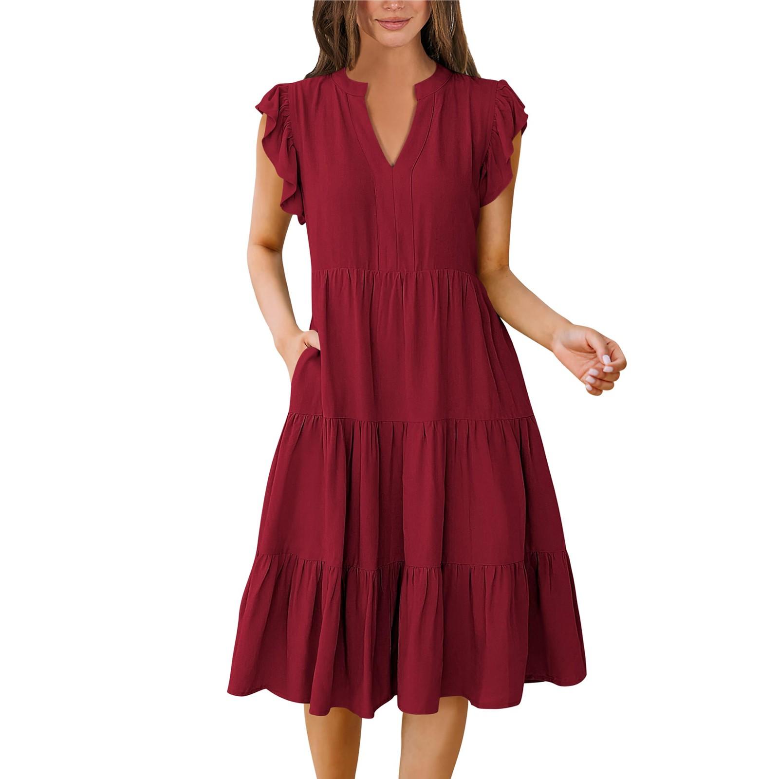 

Женские богемные однотонные летние повседневные многослойные платья с v-образным вырезом и рюшами на рукавах