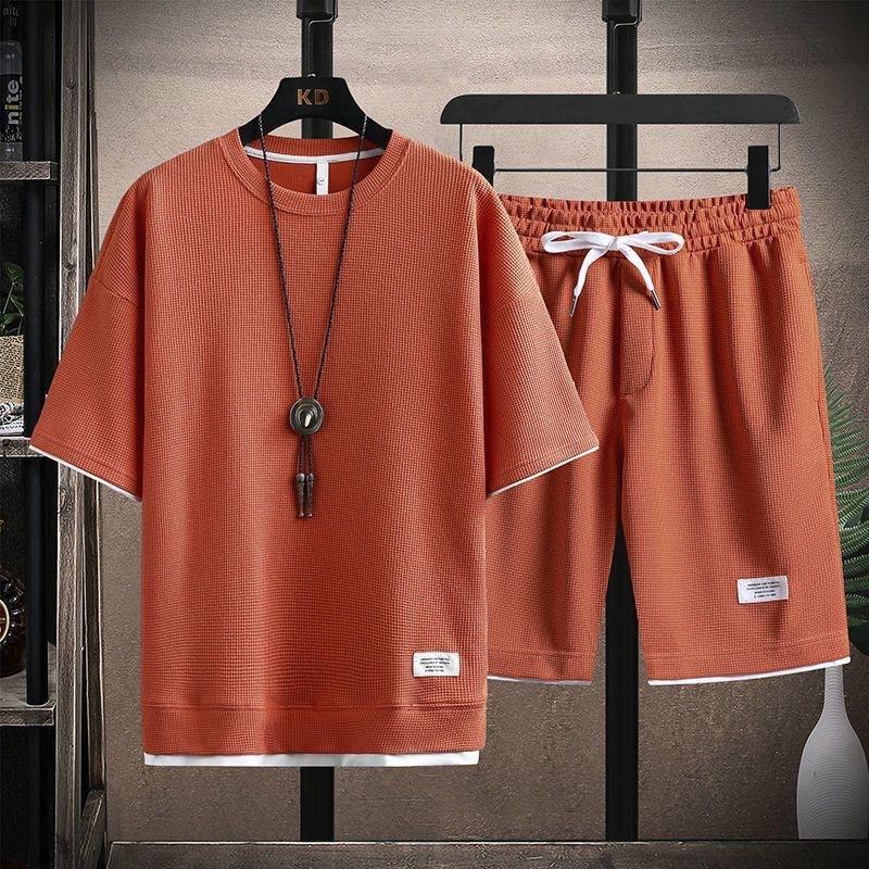 

Men s Waffle Knit T-Shirt Shorts Set 2 Piece Casual Outfit Fake Two-Piece Design 5XL помаранчевий