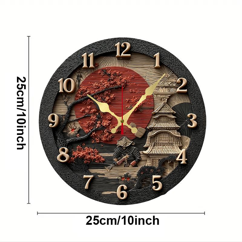 

Samurai Themed Wooden Round Silent Hanging Wall Clock, Suitable For Living Room, Office, Study Room, Bedroom, Home Decoration 10 inch