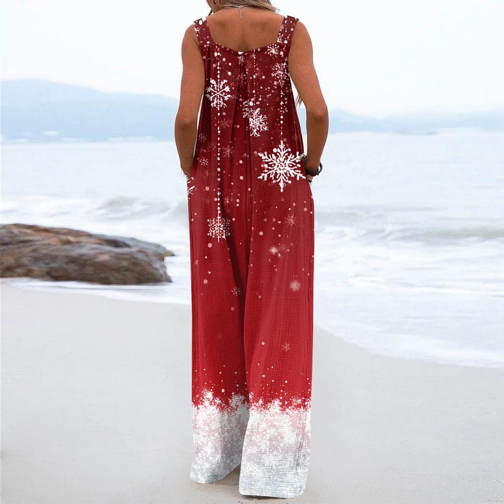 Women's Christmas Print Solid Wide Leg Strapless Tank Pocket Casual Onesie
