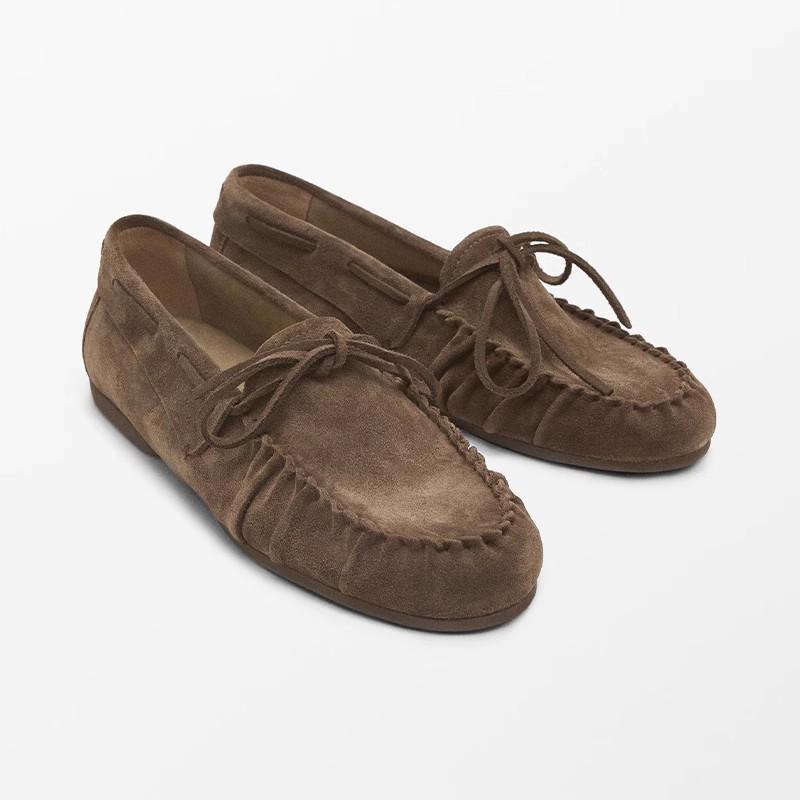 Mrxmus dutit Women Shoes Round Toe Pleated Suede Genuine Leather Loafers Retro Lace Up Bow Boat Shoes
