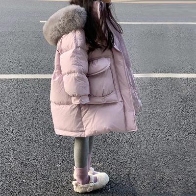 Girls' Western Style Fur Collar Hooded Cotton-padded Jacket Children's Mid-length Cotton-padded New Thick Warm Jacket