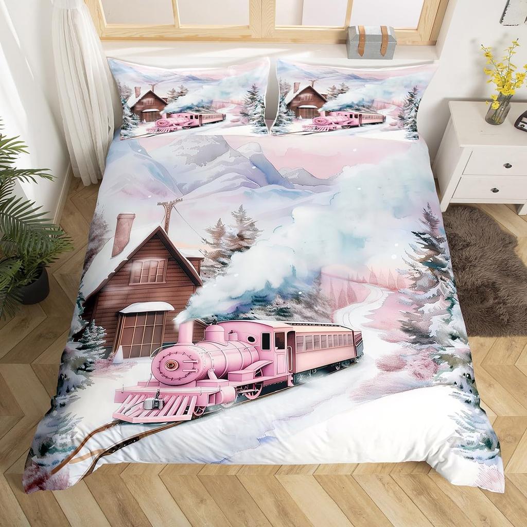 Winter Snow Train Duvet Covers For Kids Teens Queen Size Lightweight Quilt Covers Train Railway Track Bedding Set No Comforter