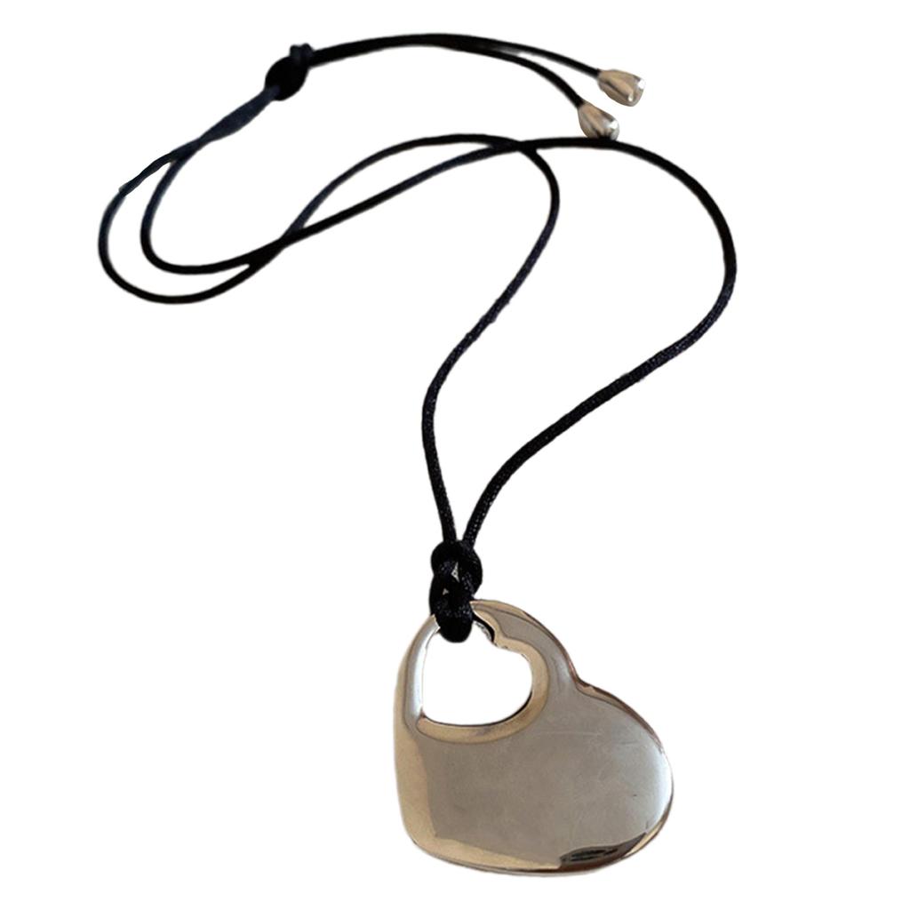 Trendy Double Hollow Heart Pendant Choker Black PU Leather Cord Necklace Adjustable Length Neckchain for Daily Wear