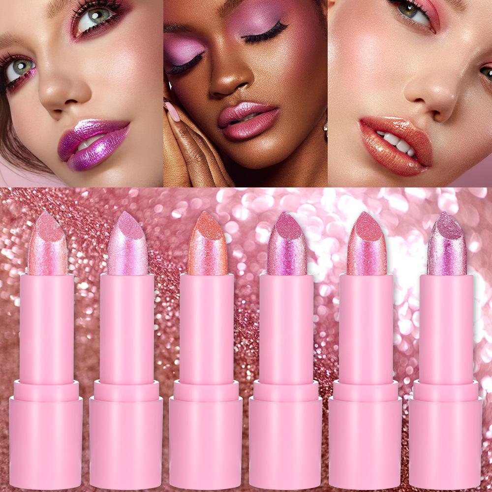 Bow Glitter Lipstick Bright Rose Pink Diamond Lipstick Mirror Pearlescent Shine Waterproof Long-Lasting Glossy Lip Tint Makeup