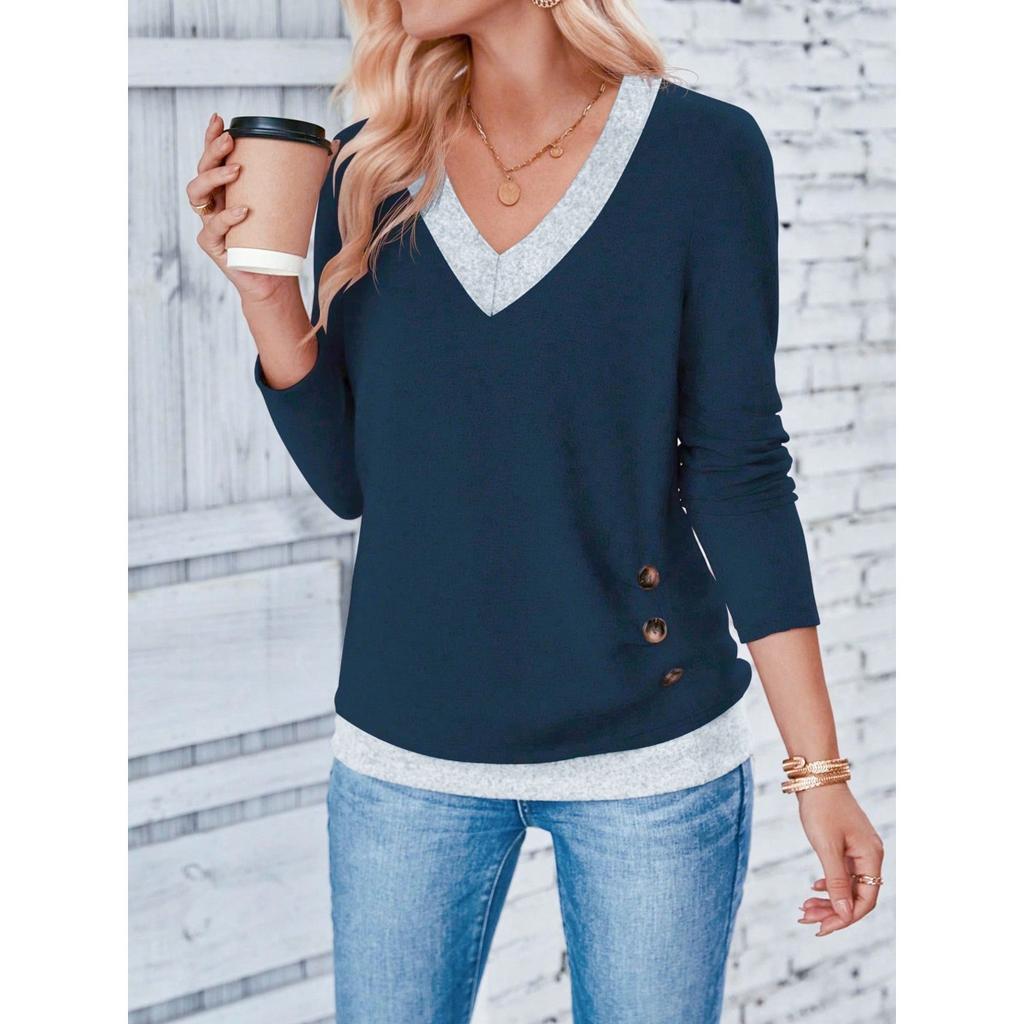 Women's V Neck Long Sleeve Basic Top Regular Fit Elegant Casual T-Shirt With Button Decor Solid Color
