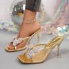 Luxury Gold Glitter Bowknot Decoration Slippers Women Mesh Strap Sandals Women 2025 Summer Sexy High Heels Party Dress Shoes