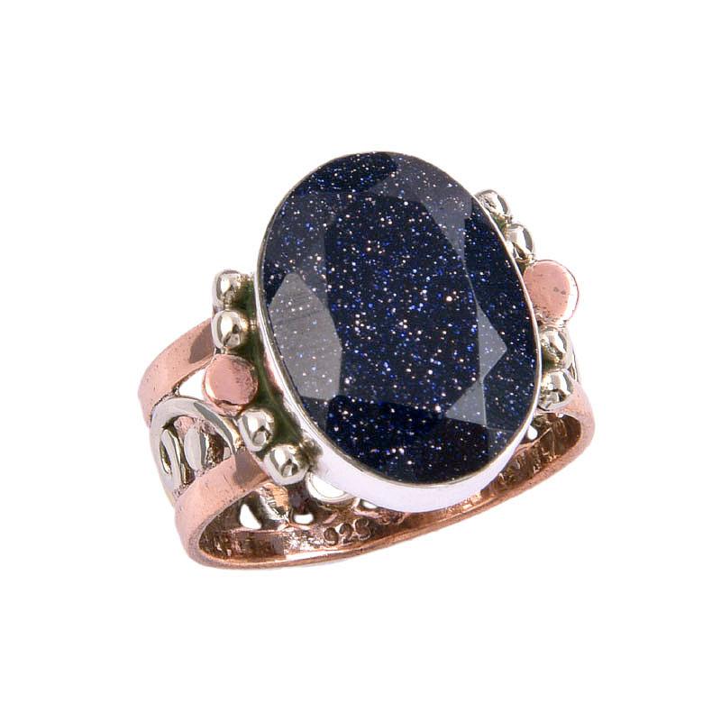 Natural Blue Sunstone Gemstone Two Tone 925 Sterling Silver Ring Size 7.5 P0e51