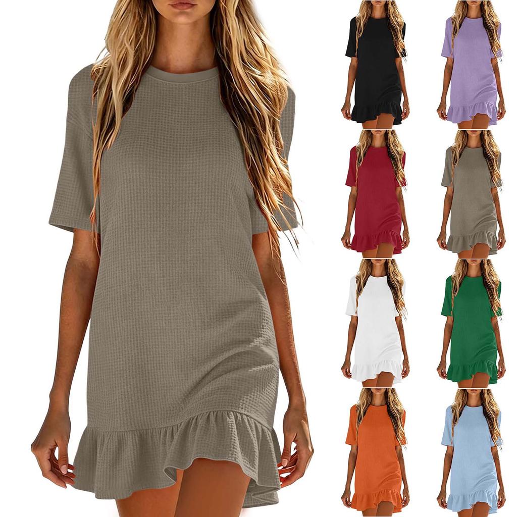 Women Casual Summer Dress Short Sleeve Crew Neck Mini Dress Ruffle Hem Dress Flowy Beach Sundress