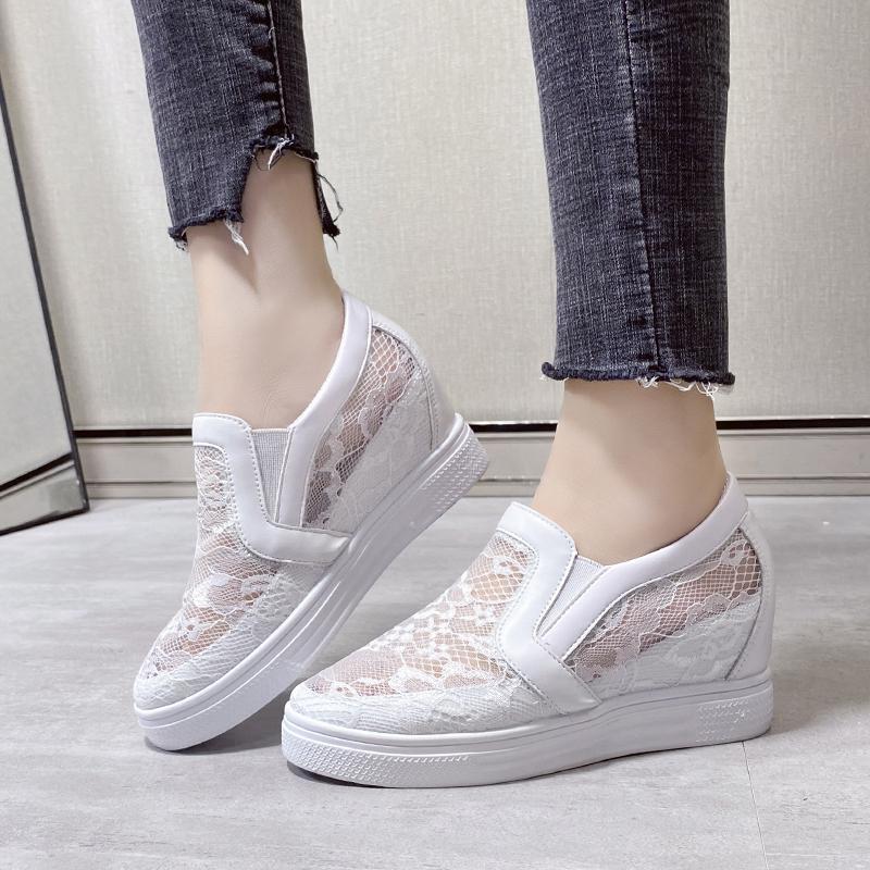 Women Wedge Platform Sneakers Rubber Leather High Heels Lace Up Shoes Pointed Toe Height Increasing Creepers White 2023