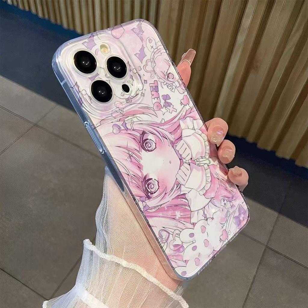 Pastel Pink Chibi Anime Girl Pattern Phone Case for iPhone 17 16 15 14 13 12 11 16E Series Pro Max Plus Double Layer Protection
