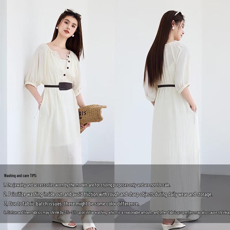 VICTORIA&VERA Women's Cotton Linen V-Neck Midi Dress with Belt