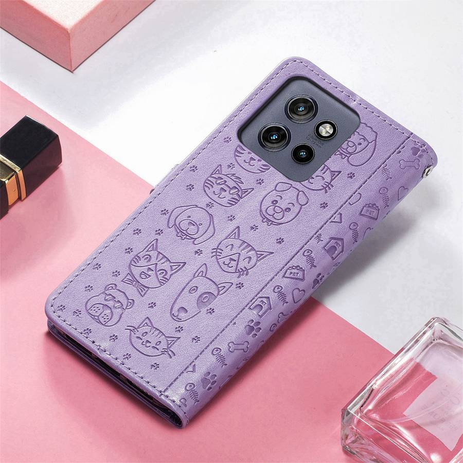Capa Protetora Flip de Couro Para Motorola Moto G17 G57 G67 G77 G06 G56 G86 G35 G75 G05 G84 G85 5G G54 G55 G34 G15 Edge 70 50 60 Carteira com Gato Cachorro