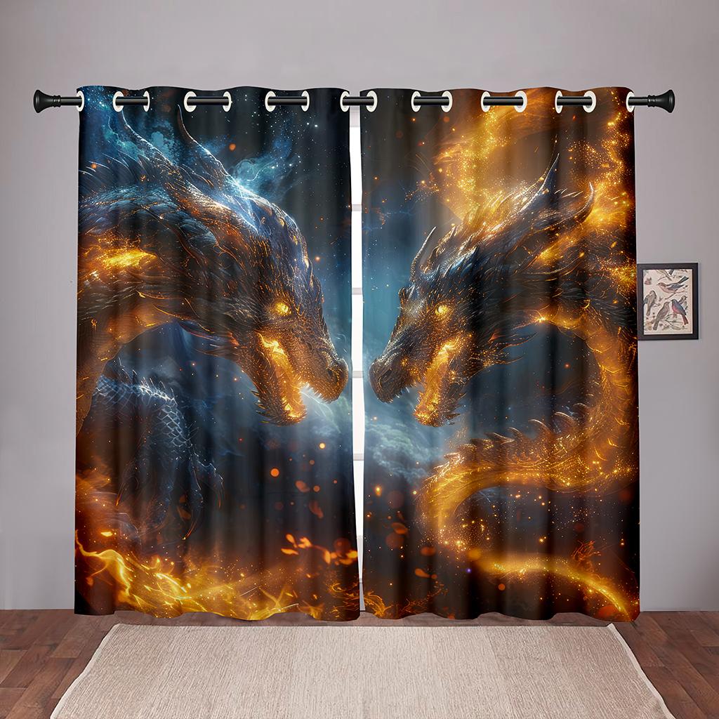 2Pcs 3D Magic Fire Dragon Duel Curtains Starry Sky Digital Print Boys Bedroom Living Room Game Room Decor Curtains