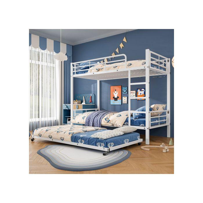 Lit superposé - MUVOE - 90x200cm &amp; 90x190cm - Métal blanc - 3 places - Sécurisé avec barrières