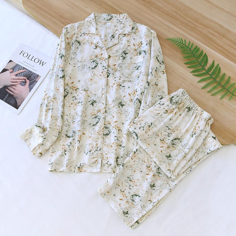Fashion Flower Silky Pajamas Sets Women Summer Sleepwear LAong-sleeve High Quality Pyjamas