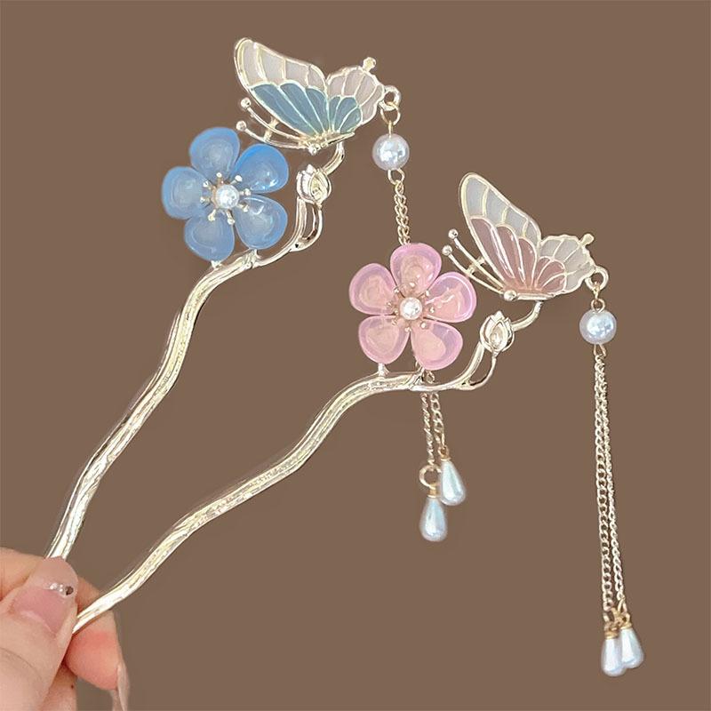 Pink/White/Blue Flower Hair Sticks Gold Color Alloy Hair Pin Ancient Chinese Floral Headpieces Pearls Pendant Hair Jewelry
