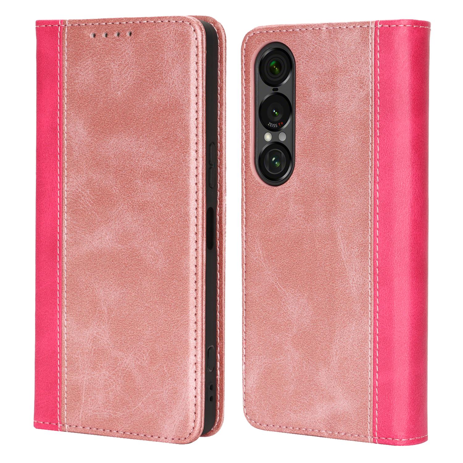 

Чехол для Sony Xperia 1 VII, текстура теленка, 3 слота для карт, кожаный чехол для телефона с цветной вставкой Rose Gold+Rose