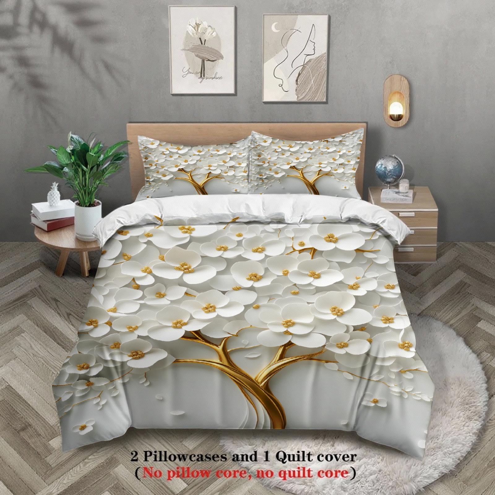 

3D Floral Tree Bedding Set White Gold Flower Pattern Bedding With Duvet Cover & Pillowcases For Bedroom US Full(200x230cm)