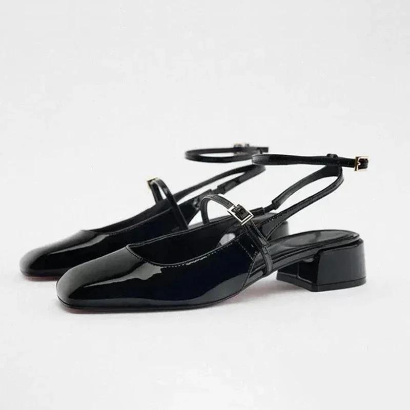 Mid Heels Office Lady Mary Jane Shoes Retro Patent Leather Square Head Slingbacks Fashion Ankle Strap Ladies Summer Sandals