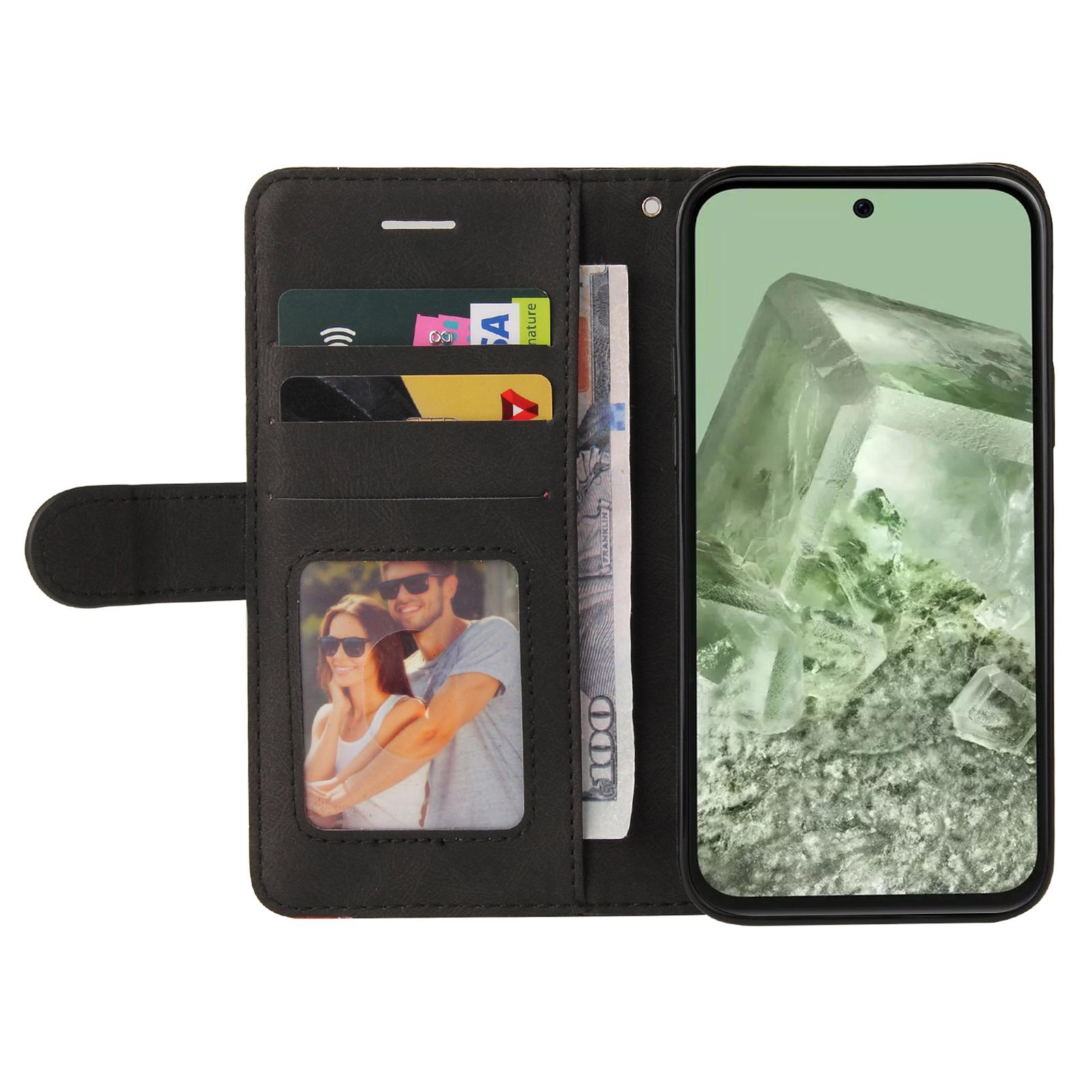 

For Google Pixel 8a Leather Case Wallet Stand Color Splicing Phone Cover Black