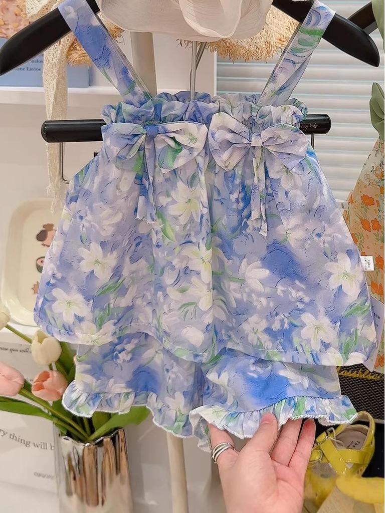 Girls' Summer Bow Strap Dress & Shorts Set - Stylish Vacation Outfit