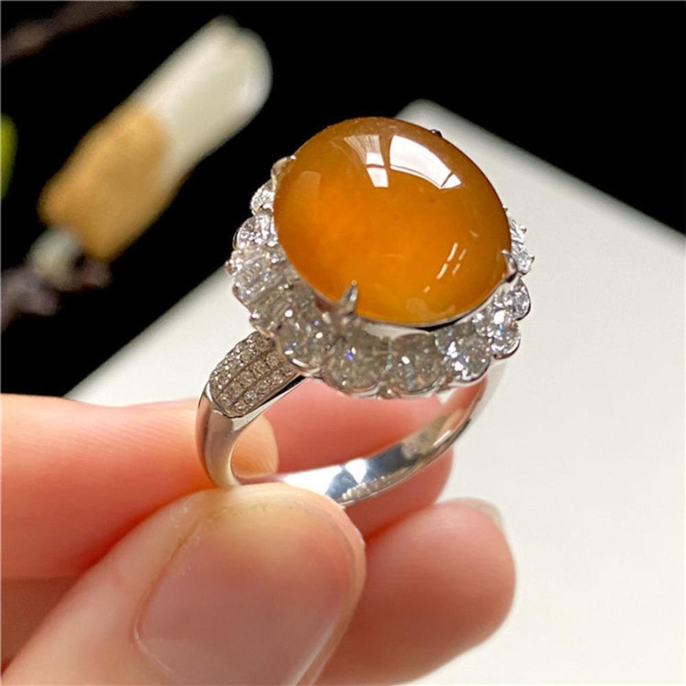 Imitation Natural Chalcedony Ice Type Full Color Red Jadeite Egg Surface Ring Women's Inlay Silver-plated Fashion