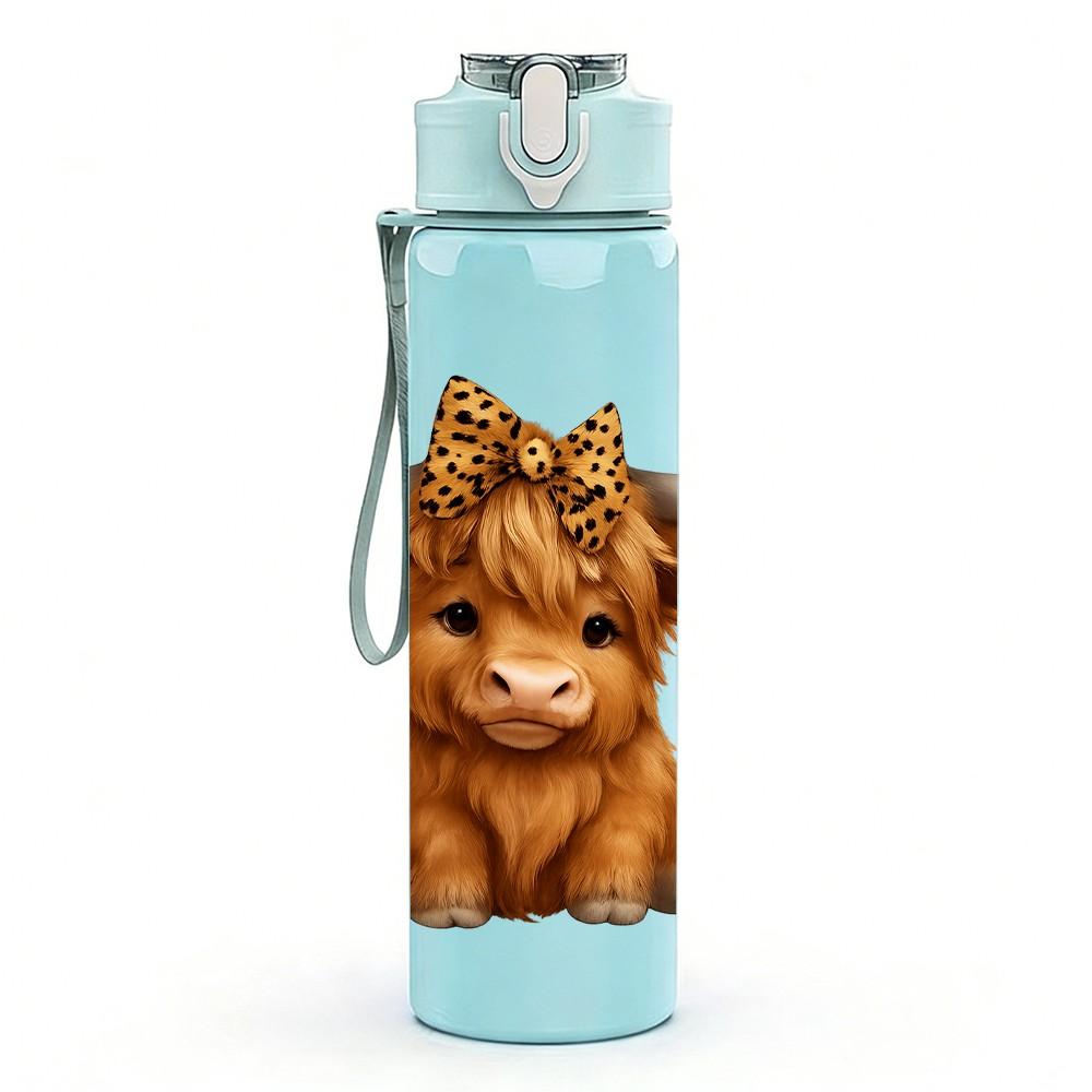 1PC Highland Cow Head Watercolor 750ml Color Plastic Sports Water Bottle Leakproof Flip Straw Lid For Sports Office Home Use